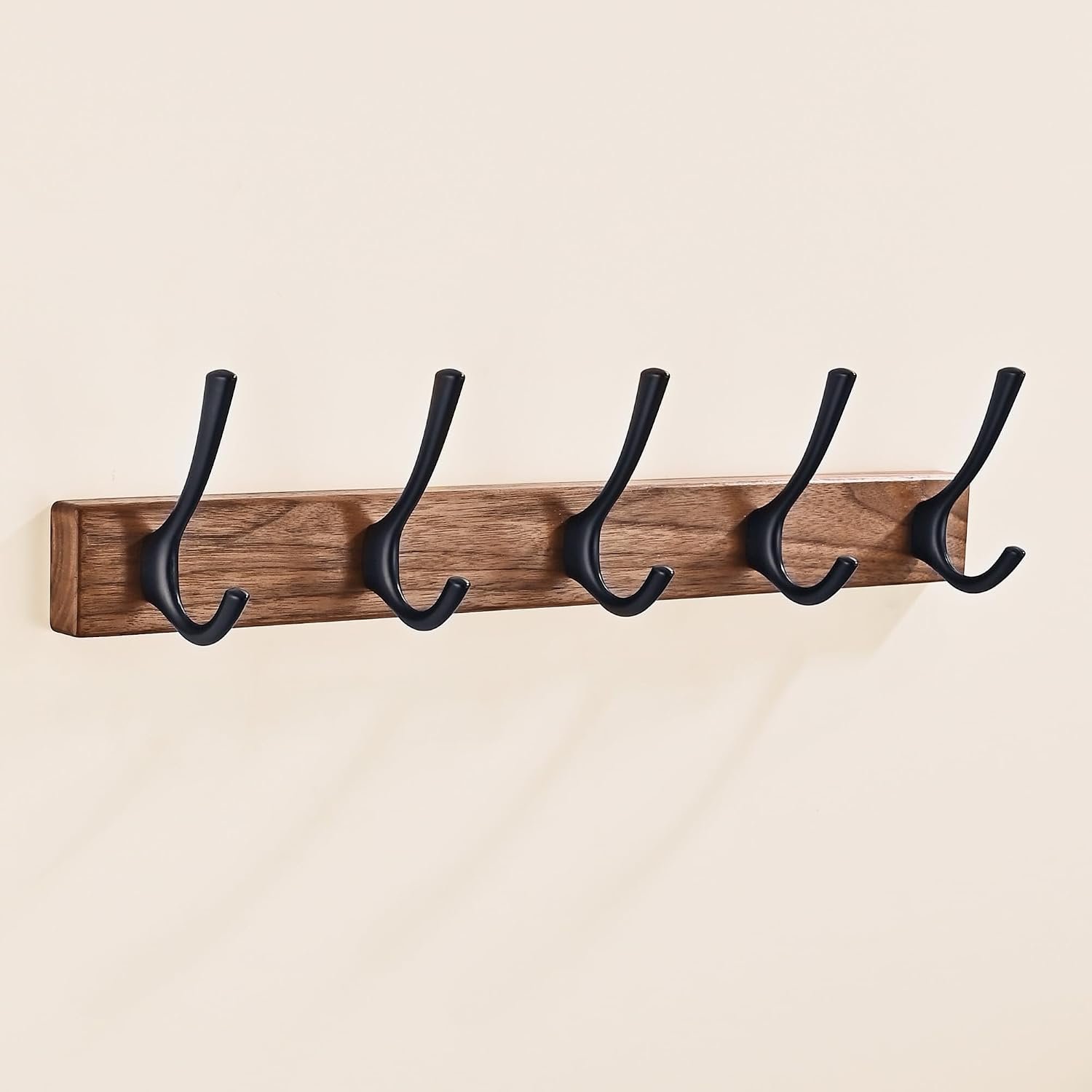 17.3" Small Walnut Wood Coat Rack Wall Mount with 5 Hooks, Heavy Duty Wooden Jacket Hanger Door Mounted for Decorative Entryway and Bathroom Hanging Towel Backpack Purse Clothes Hat Key