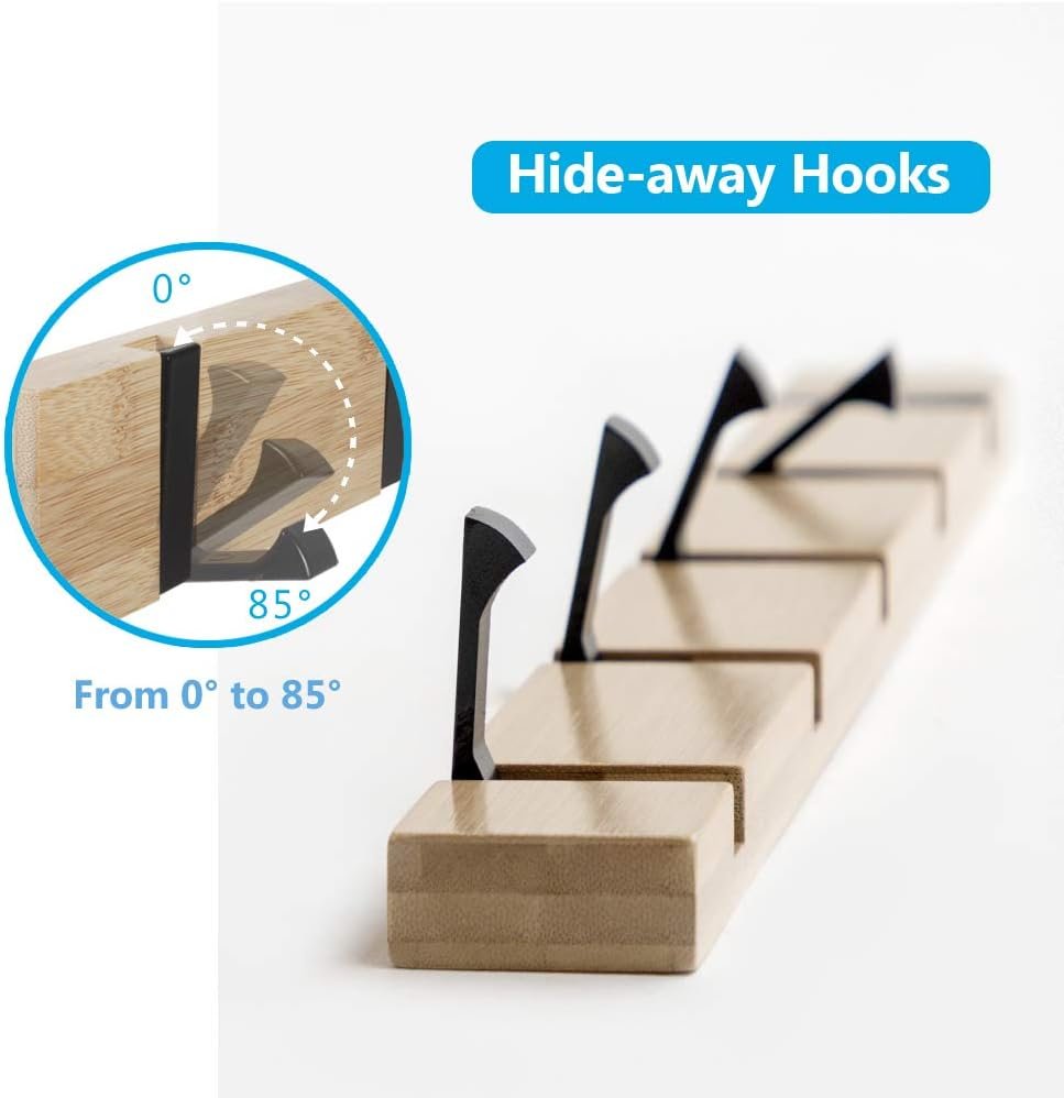 Wooden Coat Hooks Coat Rack Wall Mounted, Modern Coat Rack, Space-Saving Coat Hook with 4 Standard Retractable Hooks Hat Coat Hook for Entryway, Hallway, Bathroom, Living Room, Bedroom - Image 2