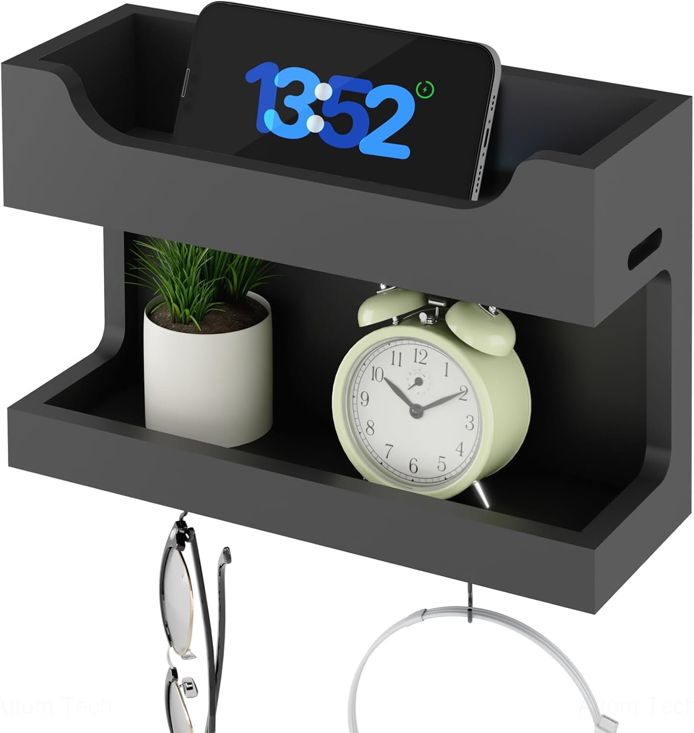 Wall Mounted Wooden Bedside Accessories Organizer, Double Tray Bedside Storage Shelf Rack with Magnetic Hooks, Bedroom Dorm RV Wall Caddy Holder for Phone Glasses Alarm Clock Remote (Black)