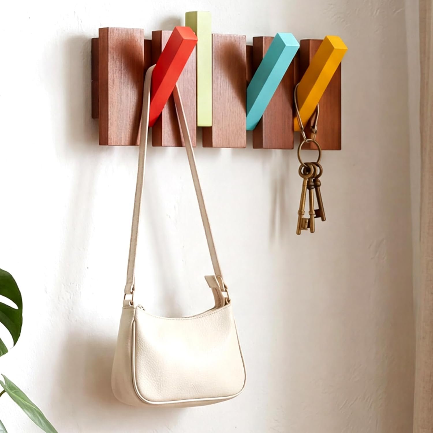 4 Hook Mid Century Modern Wood Coat Rack Wall Mount Wooden Coat Hooks Colorful Heavy Duty Flip Down Piano Hat Rack for Hanging Coats Keys Hats Robe Towels Home