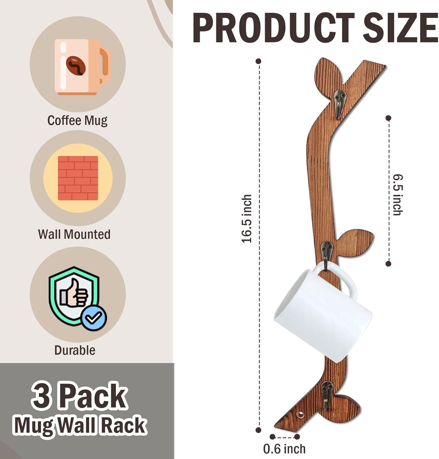 3 Pack Wood Coffee Mug Wall Rack with 9 Hooks Wall Mount Coffee Cup Holder Wooden Espresso Cup Holder Tree Brown Mug Stand Display Wall Mounted Cup Drying Rack for Kitchen Cafe - Image 2