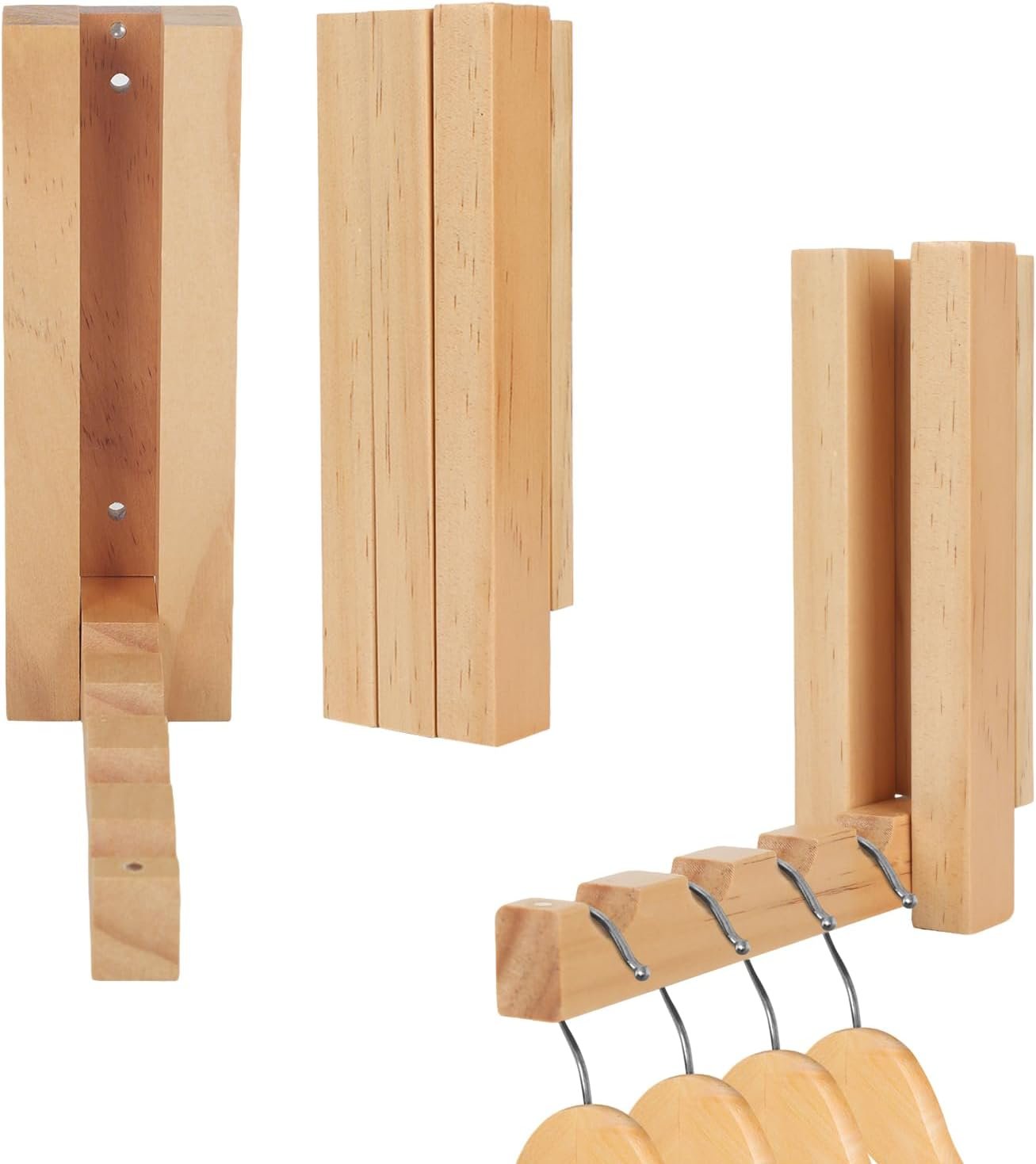 2 Pack Wall Mounted Clothes Drying Rack, Foldable Wooden Laundry Drying Rack Wall Mount, Magnetic Clothes Hanger Rack for Laundry Room, Bathroom, Closet Organization, Space Saving Storage