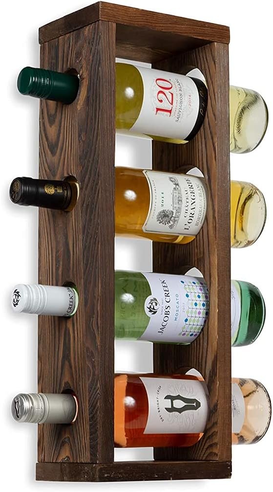 Wall Mounted Wood Vertical Wine Rack Holder Storage Shelf Organizer for 4 Bottles - Home, Kitchen, Dining Room Bar Décor - Walnut