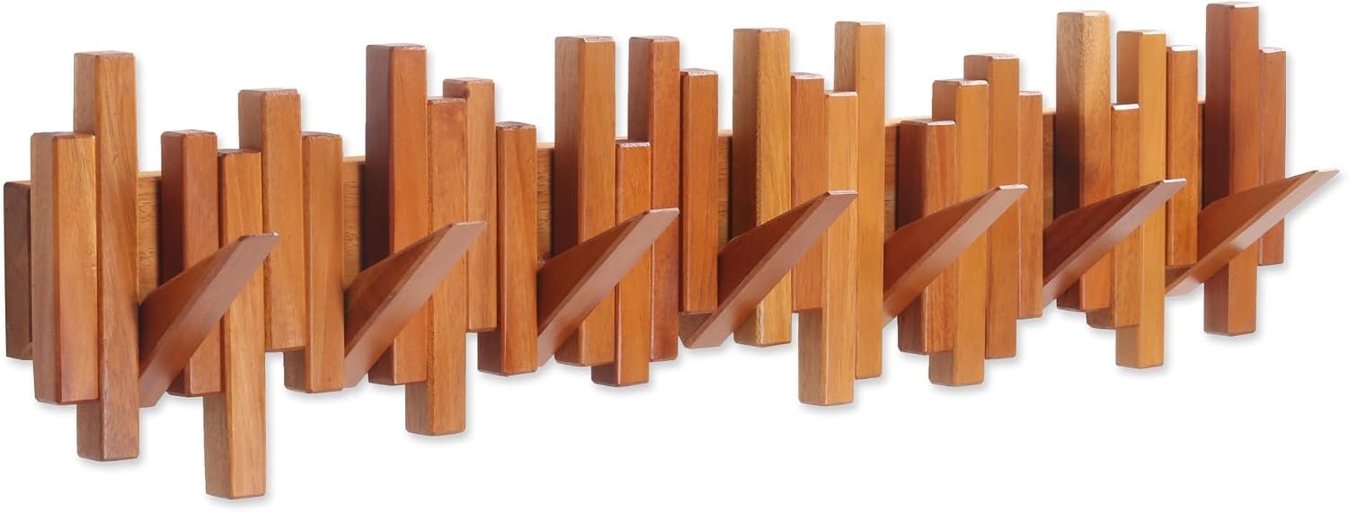 Wooden Coat Rack Wall Mounted Sticks Multi Rack Solid Handmade Natural Cherry Wood Artwork with 7 Flip-Down Unique Modern Hooks for Coats Bag Hat Umbrella