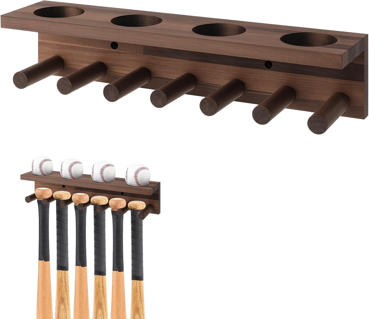 Baseball Bat and Ball Holder Wall Mounted Display Rack for 4 Sets of Baseballs and Bats, Wooden Storage Rack Stand Hanger Softball Storage Organizer (Walnut)