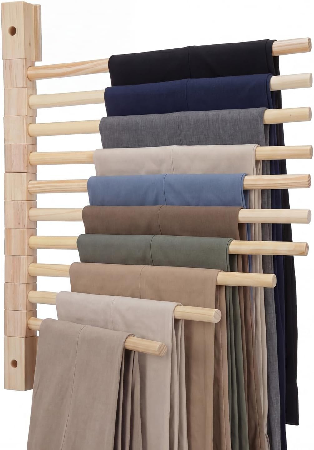 Wall Mounted Wooden Trouser Rack 10-Rod 13.8In Wooden Poles Hanging Organizer Rotatable Pants Rack Folding Clothes Storage Saving Space Swivel Pants Hanger for Closet Bathroom Laundry Room