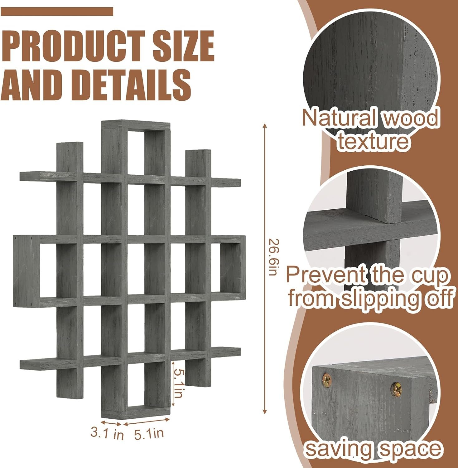 Oversize Coffee Mug Display Rack Wooden Display Shelves Rustic Wooden Floating Curio Shelf Travel Wall Mounted Coffee Mug Rack Holder Shadow Box Shelf (Grid Size 5.1x5.1x3in,Grey) - Image 2