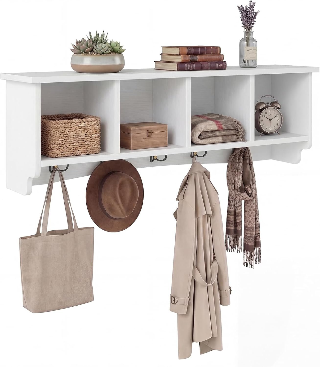 Wall Mounted Coat Rack, 28.5'' Wooden Floating Shelf with 4 Cubbies & 5 Double Hooks, Modern Space-Saving Storage Display Organizer for Entryway, Hallway, Mudroom (White)