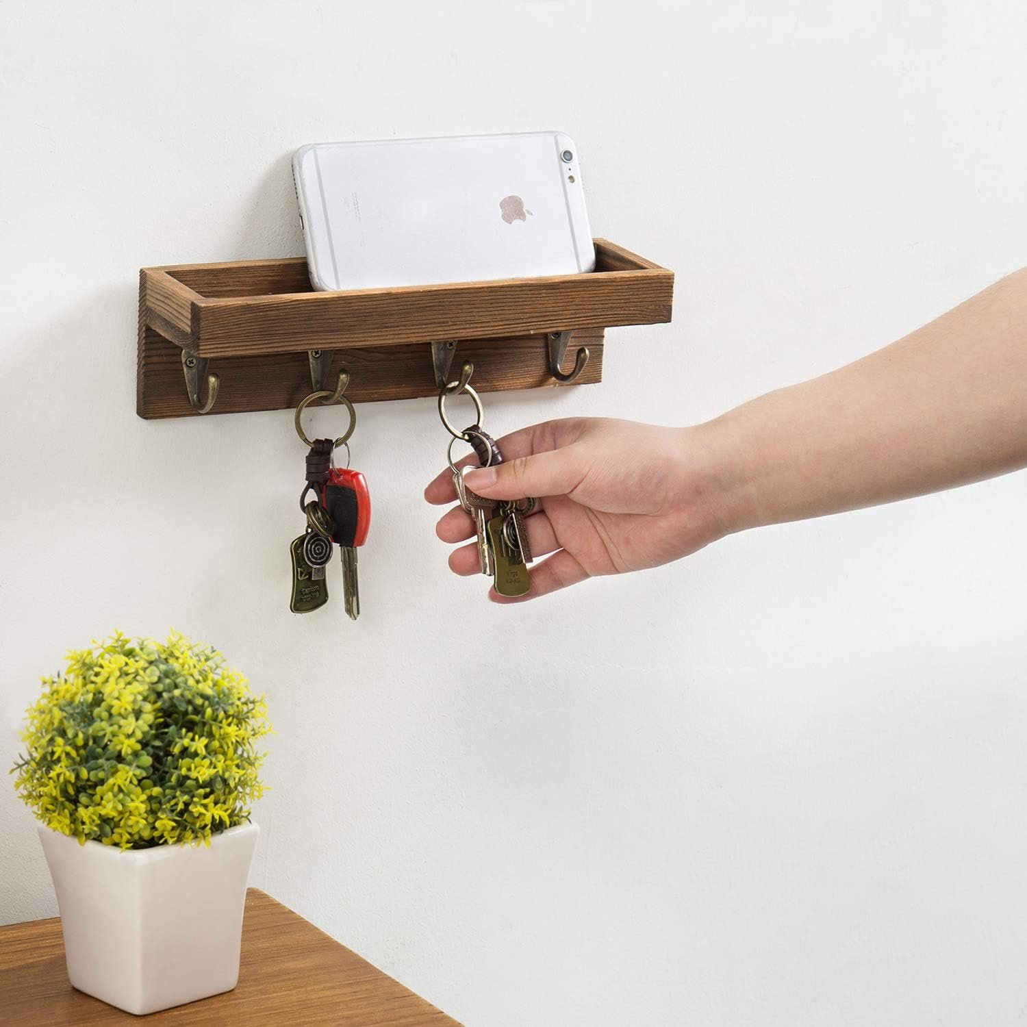 10 Inch Floating Wall Shelf with Hooks, Dark Brown Wood Entryway Storage Shelf with 4 Metal Key Hooks - Image 2