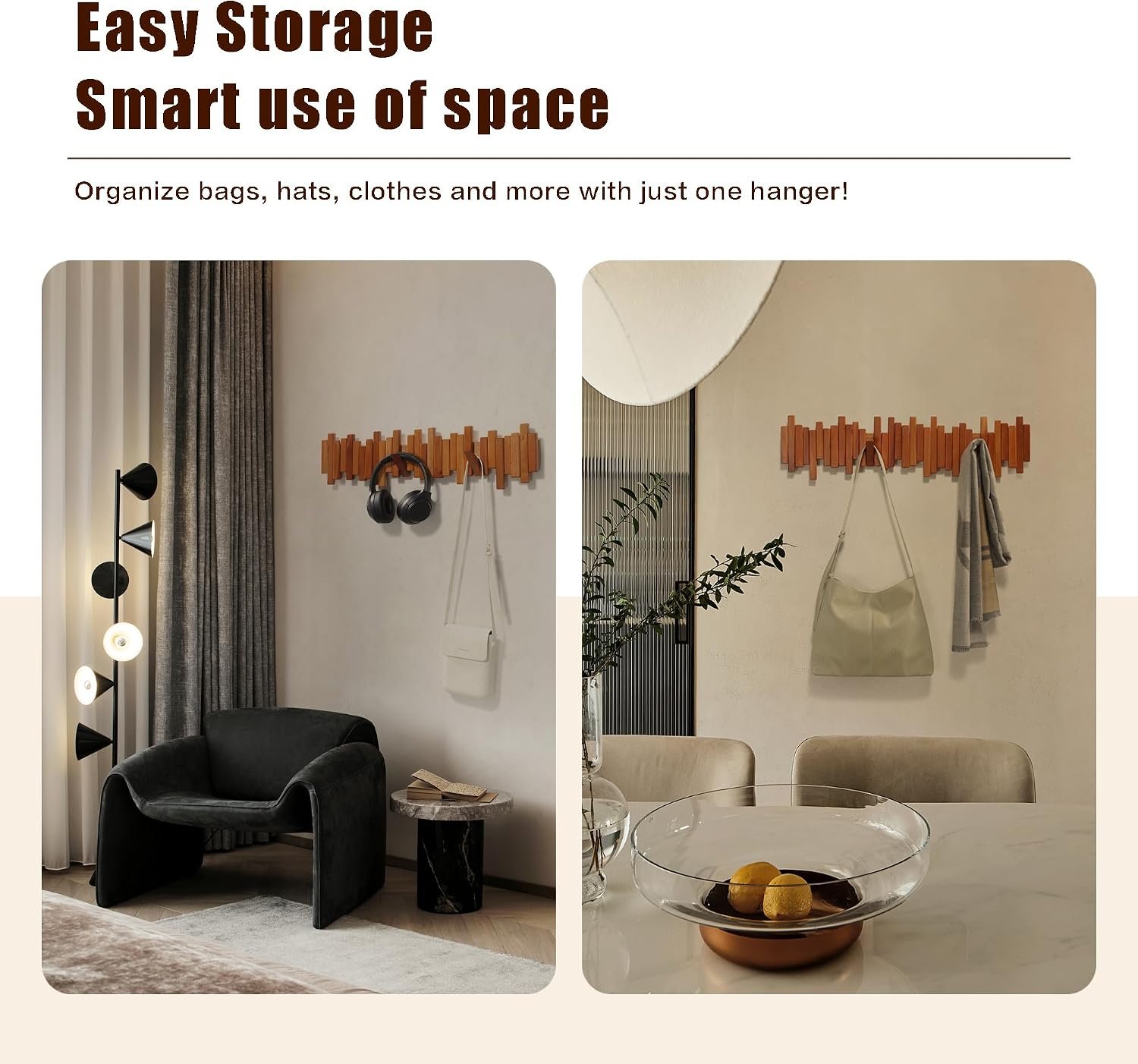 Wooden Coat Rack Wall Mounted Sticks Multi Rack Solid Handmade Natural Cherry Wood Artwork with 7 Flip-Down Unique Modern Hooks for Coats Bag Hat Umbrella - Image 2