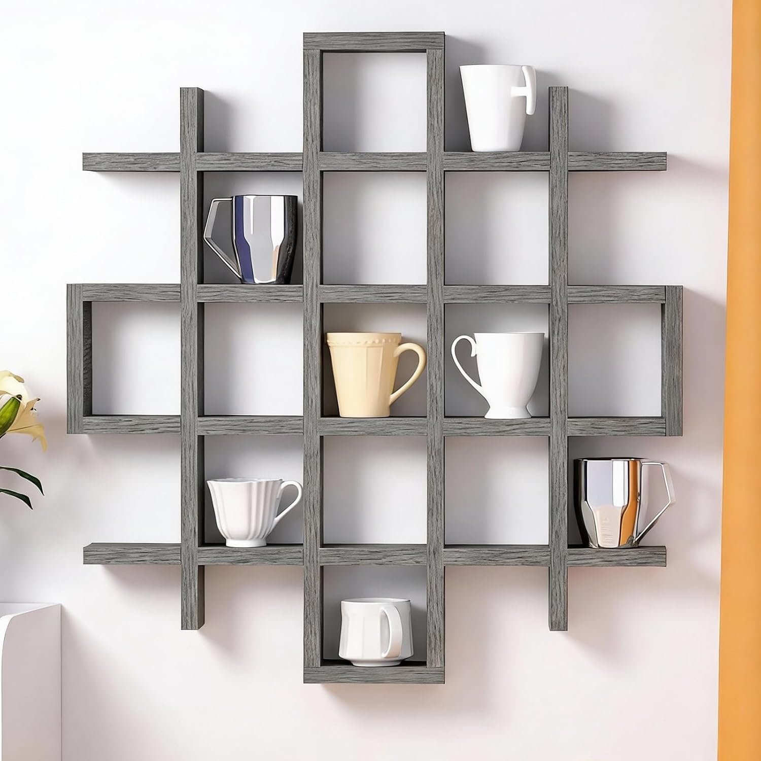 Oversize Coffee Mug Display Rack Wooden Display Shelves Rustic Wooden Floating Curio Shelf Travel Wall Mounted Coffee Mug Rack Holder Shadow Box Shelf (Grid Size 5.1x5.1x3in,Grey)