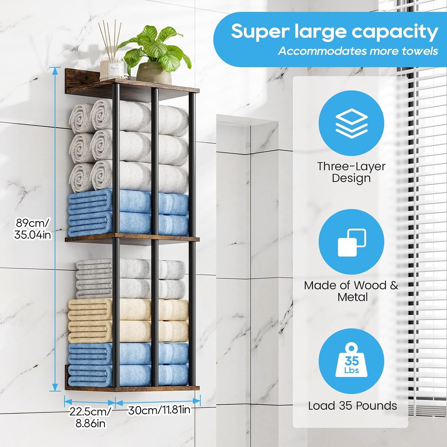 Towel Racks for Bathroom Wall Mounted with Wooden Storage Shelf, Updated 3 Bar Metal Towel Holder for Rolled Towels, Sturdy and Large Capacity, Towel Storage Organizer - Image 2