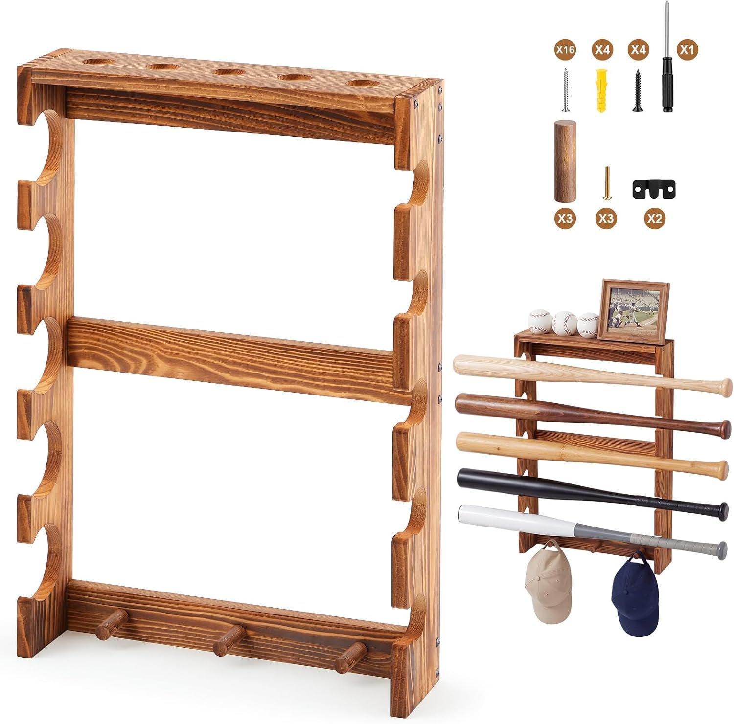 5-Tier Baseball Bat Rack Wall Mounted, Wooden Baseball Bat Holder Display Shelf with Trophy Top Caps Hooks, Sports Memorabilia Storage for 5 Bats 5 Balls Rustic Wood Hanger Organizer
