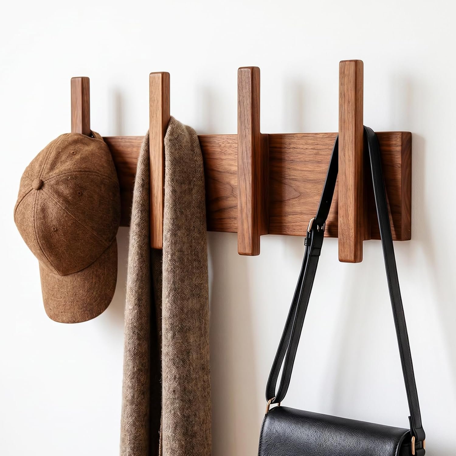 Wall Mounted Wooden Coat Rack with 4 Hooks – Modern Wood Coat Hanger for Entryway, Bedroom, Bathroom & Office | Wall Hook Rack for Coats, Hats, Bags & Towels