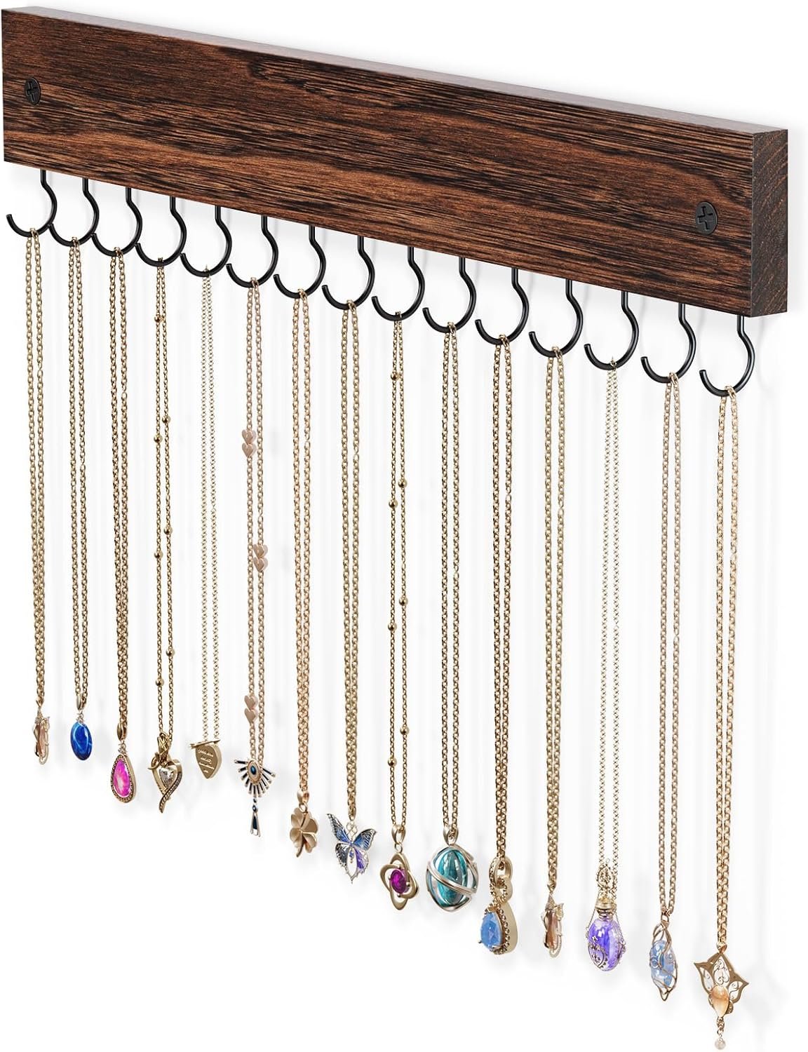Wooden Necklace Holder for Wall with 15 Hooks, Necklaces Hanger Easy Install Wall Mount Necklace Organizer, Jewelry Hangers for Chains, Bracelets, Earrings -Brown