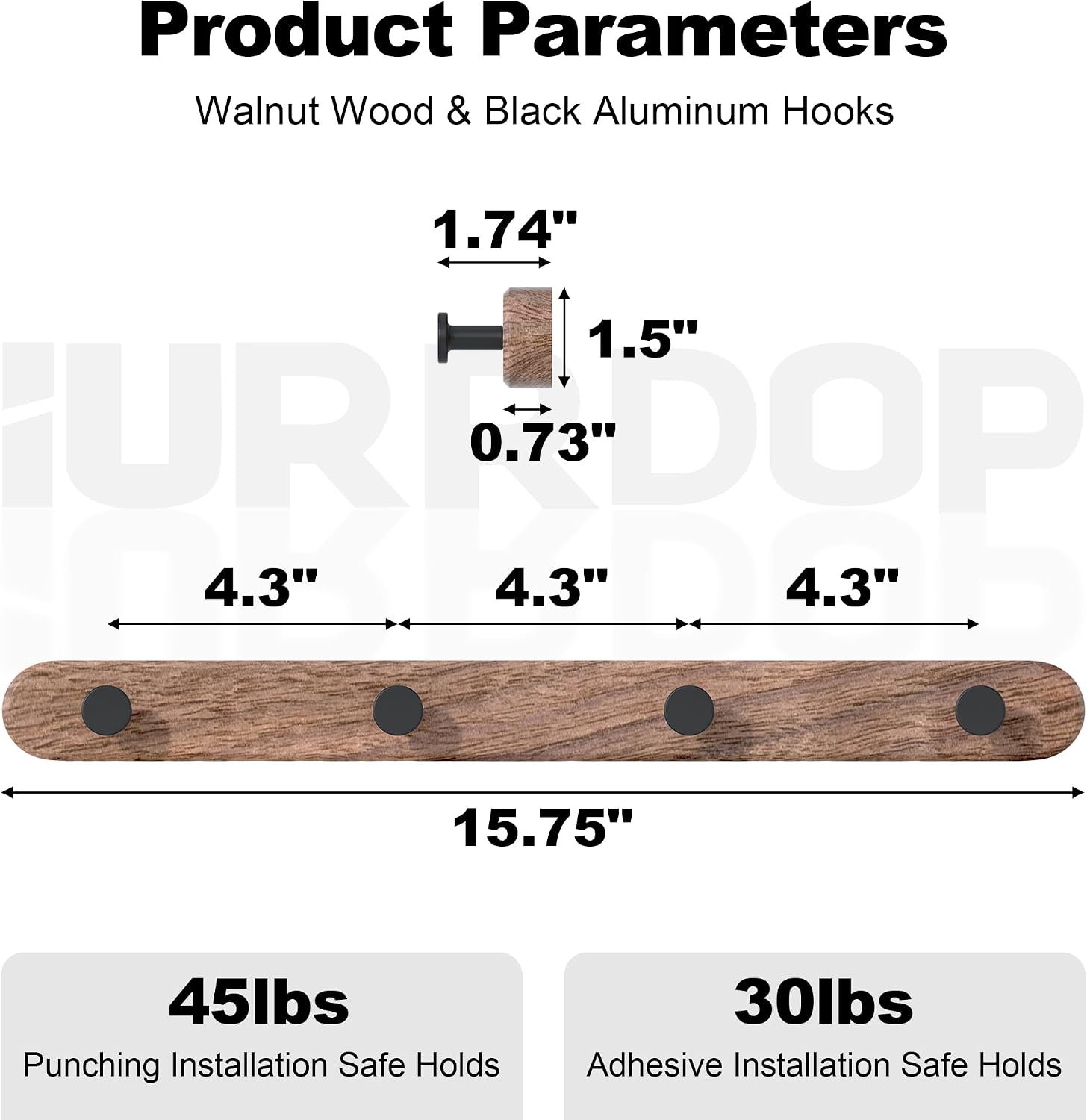 16 Inch Walnut Wood Wall Mounted Coat Rack with 4 Matte Black Round Hooks Adhesive Mounted Entryway Hooks Modern Natural Wooden Pegs for Hanging Coat Clothes Hat Bag Purse Key and Towel - Image 2