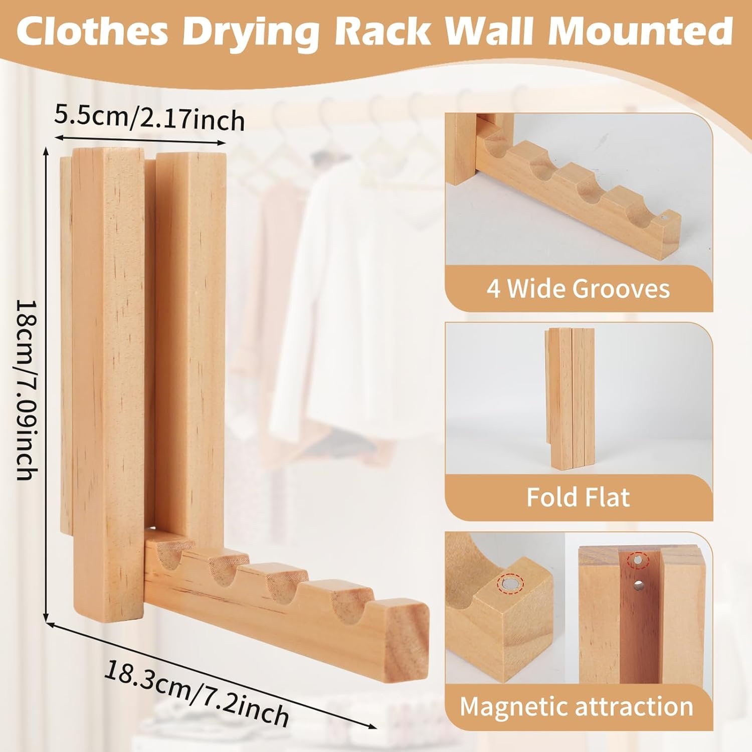 2 Pack Wall Mounted Clothes Drying Rack, Foldable Wooden Laundry Drying Rack Wall Mount, Magnetic Clothes Hanger Rack for Laundry Room, Bathroom, Closet Organization, Space Saving Storage - Image 2