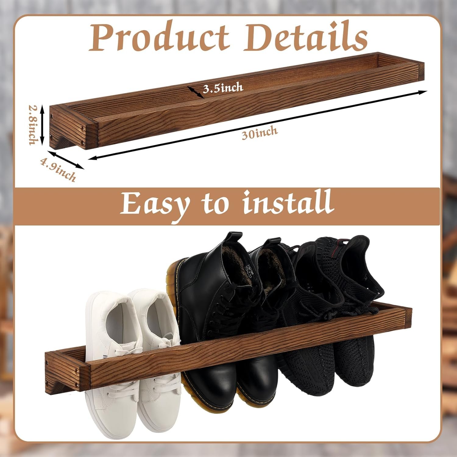 4 Pcs Wall Mounted Wooden Shoe Rack 30 Inch Rustic Wood Wall Hanging Shoe Rack Space Saving Footwear Holder Shoes Storage Organizer for Mudroom, Entryway, Closet (Burnt Wood) - Image 2