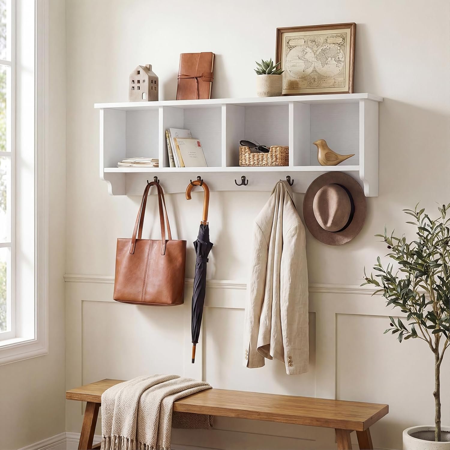 Wall Mounted Coat Rack, 28.5'' Wooden Floating Shelf with 4 Cubbies & 5 Double Hooks, Modern Space-Saving Storage Display Organizer for Entryway, Hallway, Mudroom (White) - Image 2