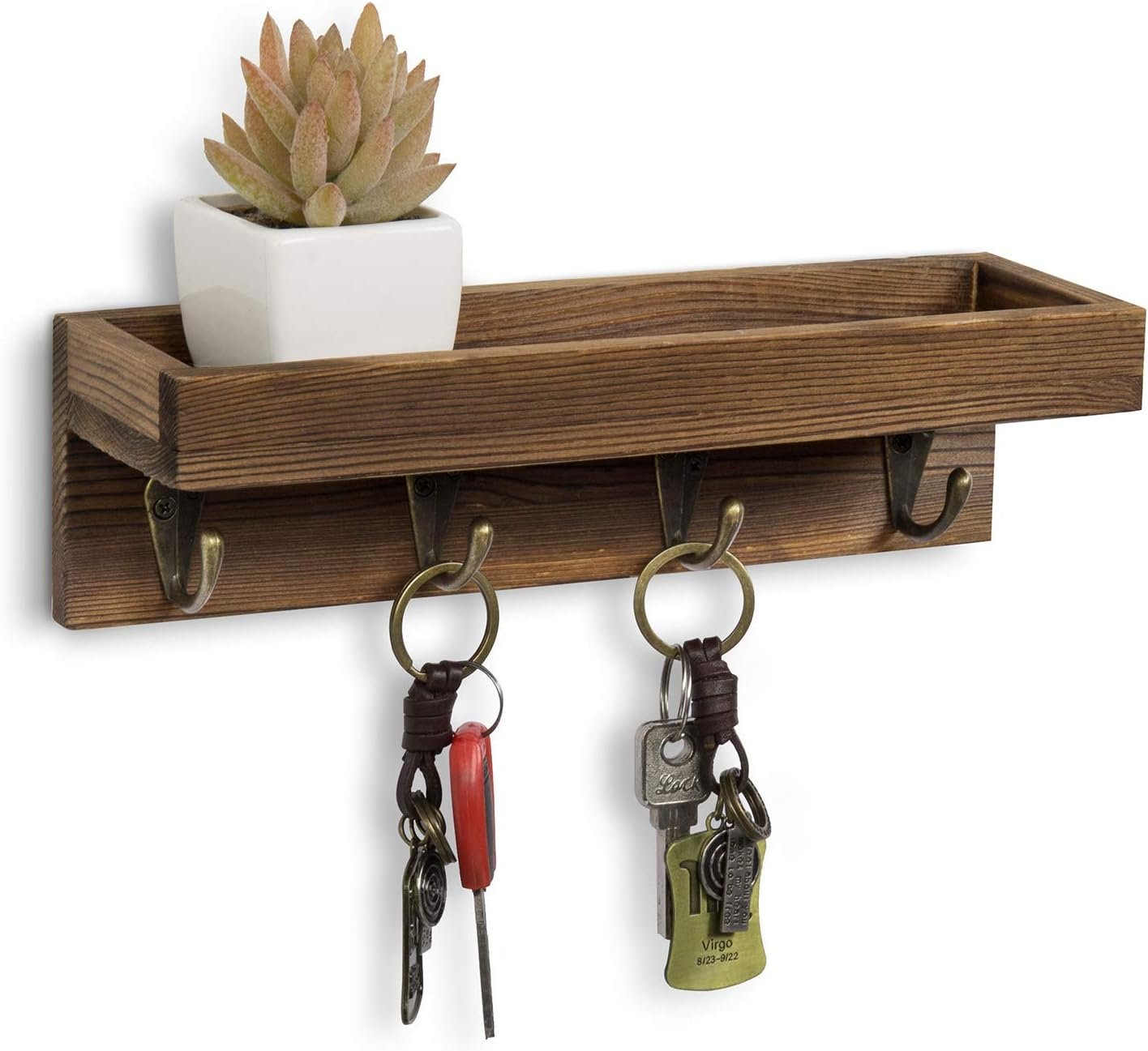 10 Inch Floating Wall Shelf with Hooks, Dark Brown Wood Entryway Storage Shelf with 4 Metal Key Hooks
