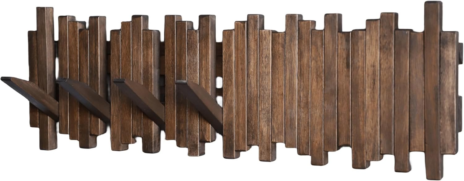 Natural Wood Wall Mounted Piano Coat Rack| Coat Rack Wall Mount| Flip Down Wall Hook Rack 7 Hooks| Entryway Wall Art Hook,Made of Acacia Wood (Wood Wax Oil Dyed Walnut Color).Wall Art