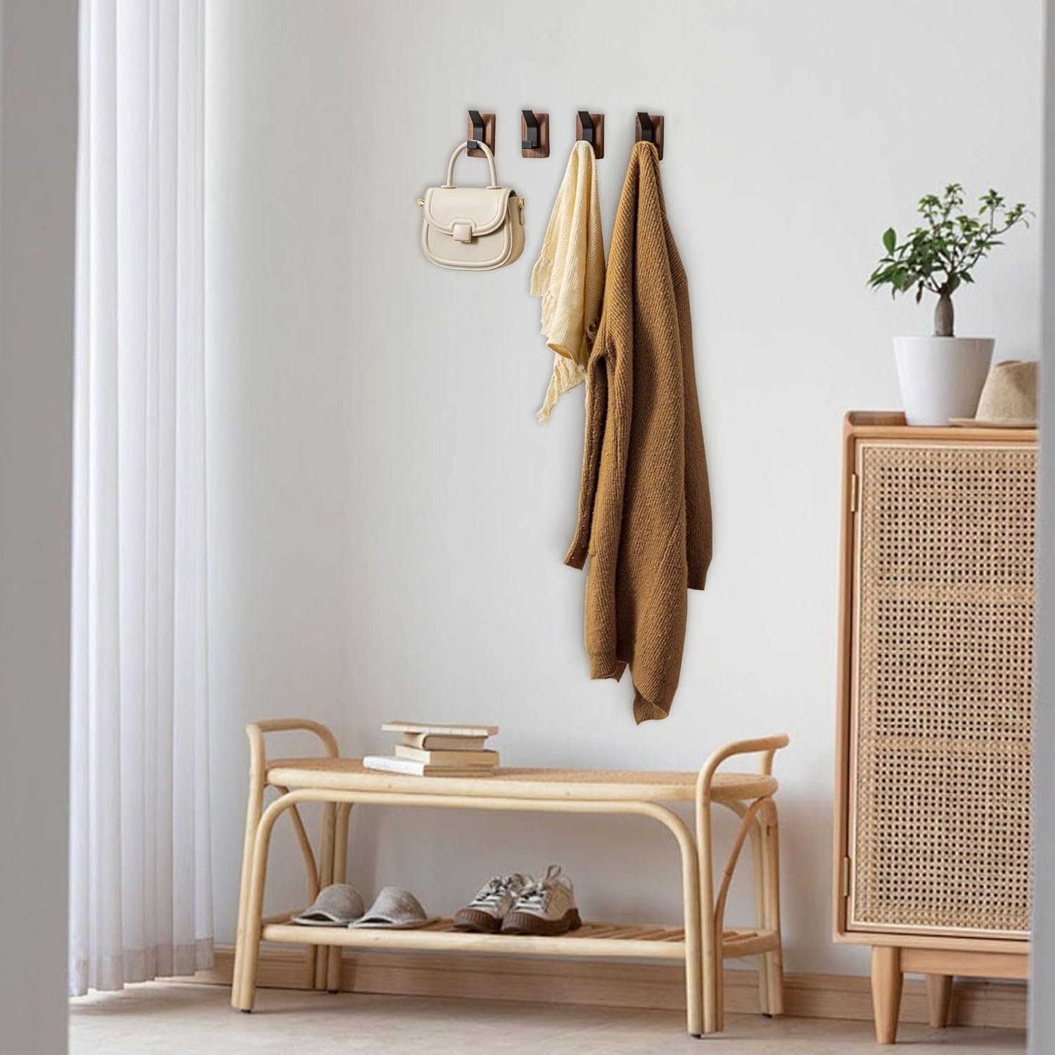 4-Pack Wood Wall Hooks - Wall Mounted or Adhesive Coat Rack for Entryway, Mudroom, Bathroom - Farmhouse Decorative Hangers for Towels, Hats, Keys, Purses, Bags, and Robes - Image 2