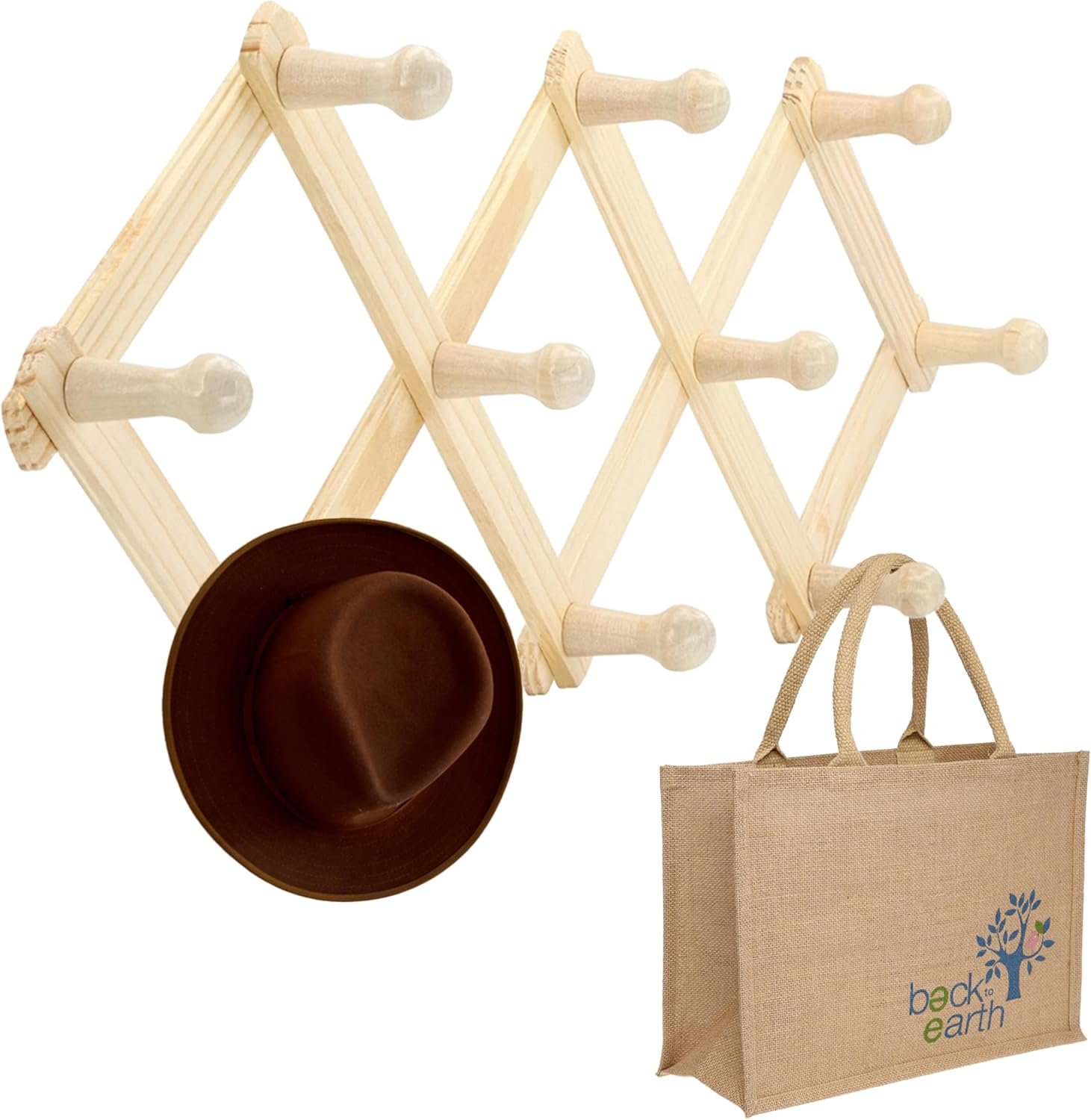 Accordion Style Wood Expandable Rack Hat, Cap, Belt, Umbrella Coffee Mug Wall Wooden Pegs