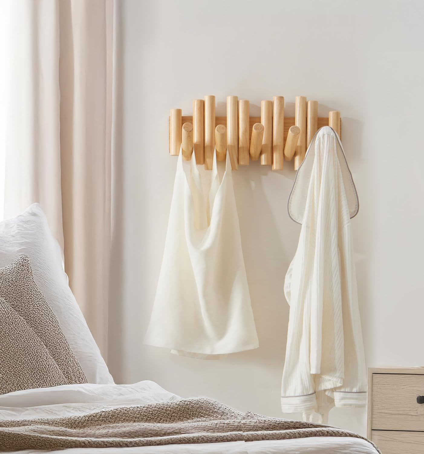 Wooden Wall mounted wood coat rack | 15 inches long , 6.5" high, with 5 Flip-Down Hooks | Modern Natural Pine Wood Finish | Decorative Hanging Storage Wall Hooks for Entryway or Bedroom