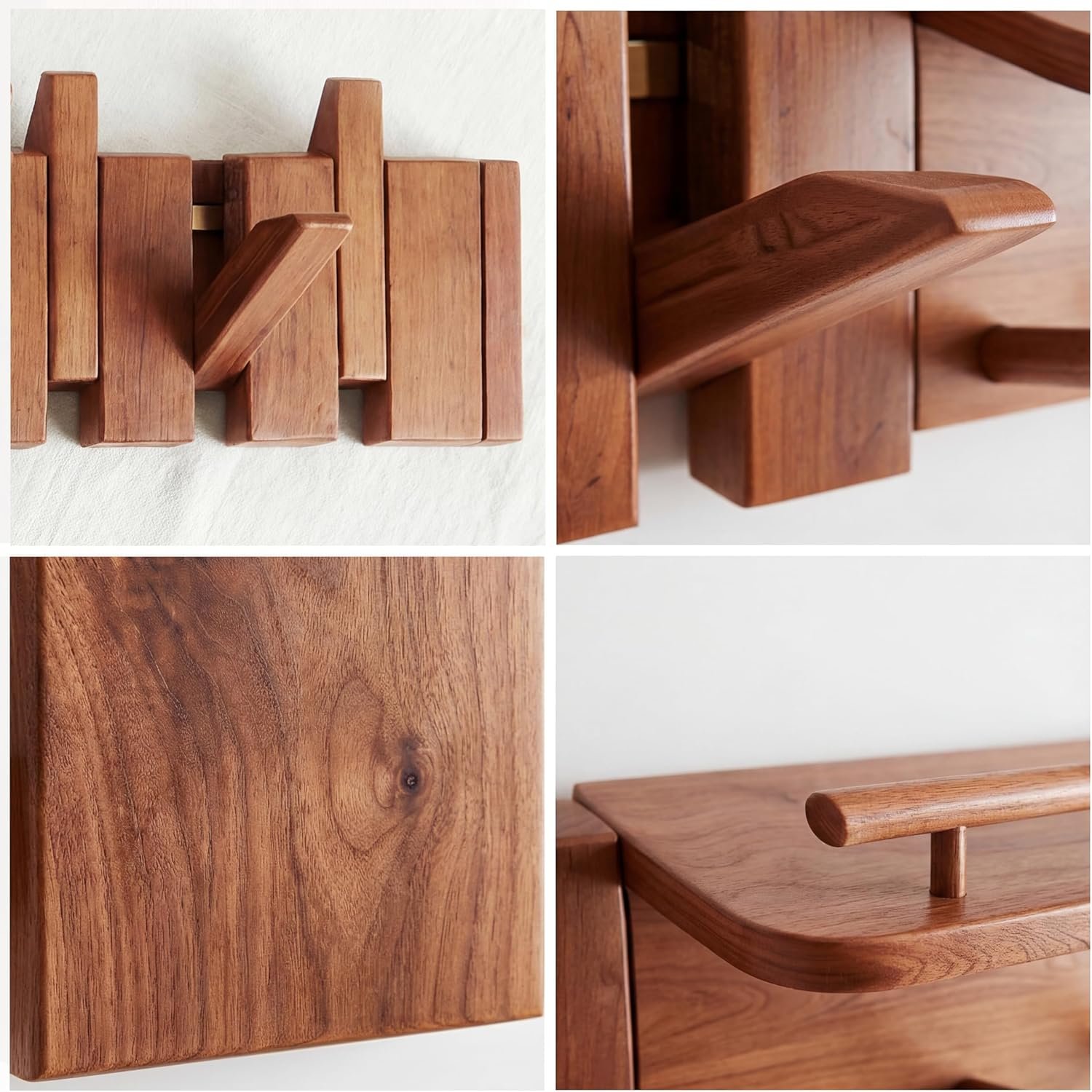 Mid Century Modern Walnut Foldable Entryway Wall Coat Hanger Hook with Shelf,Heavy Duty Wooden Piano Hidden Towel Hooks for Bathroom,Wall Rack for Purse&Key&Mail,Home Decor (Walnut, 9 Hooks) - Image 2