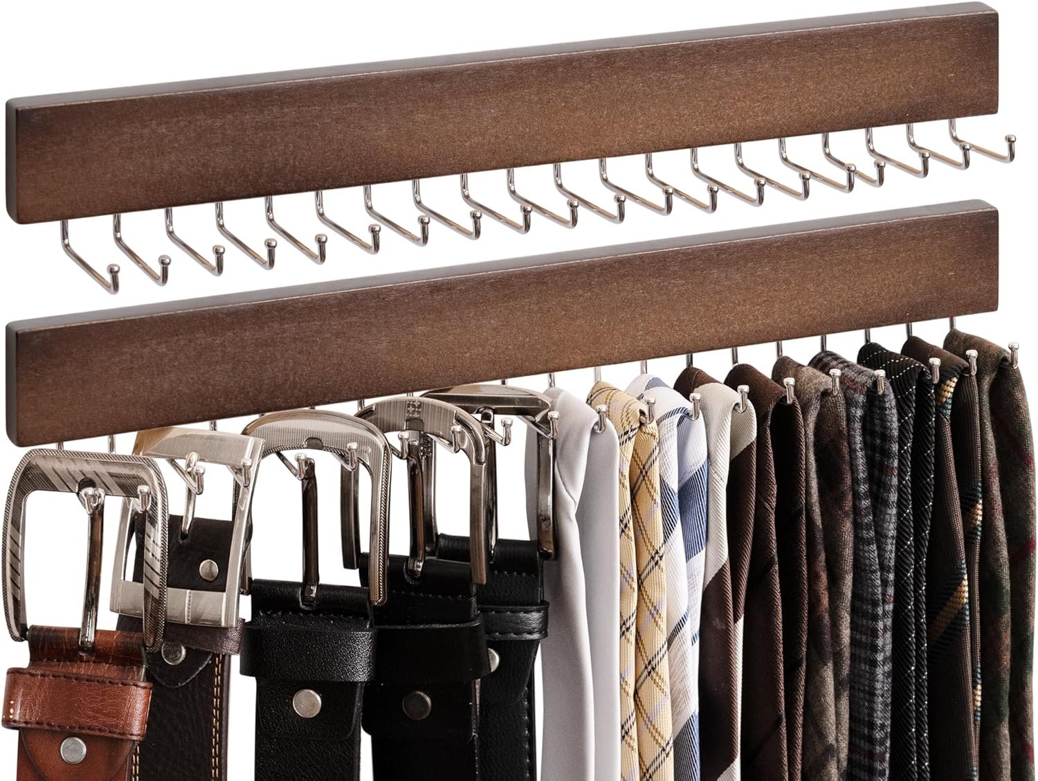 Tie Rack with 20 Hooks, 2-Pack Wall-Mounted Wooden Hangers for Neckties, Belts, Hats, Natural Walnut Color