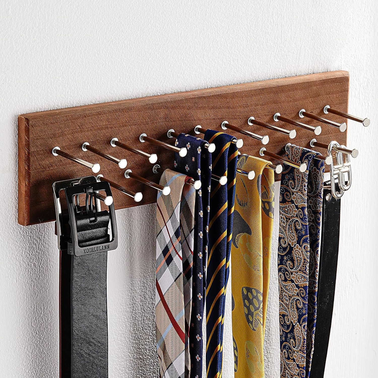 Tie Rack Organizer – Holds 40 Large Ties – Solid Wood & Sturdy Metal Storage Holder for Closet – Wall Mounted Tie Display Hanger for Wall, Bedroom - (Walnut Tie Rack) 16" L X 4.25" H